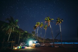beach cinema night in goa with palm trees and bioluminescent ocean fine art print